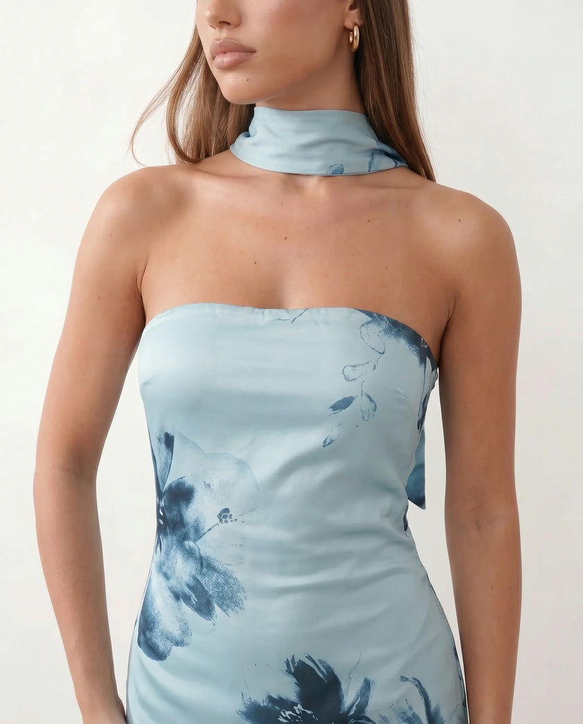 Satin Maxi Dress Women, Cocktail Strapless Open Back with Scarf Tie