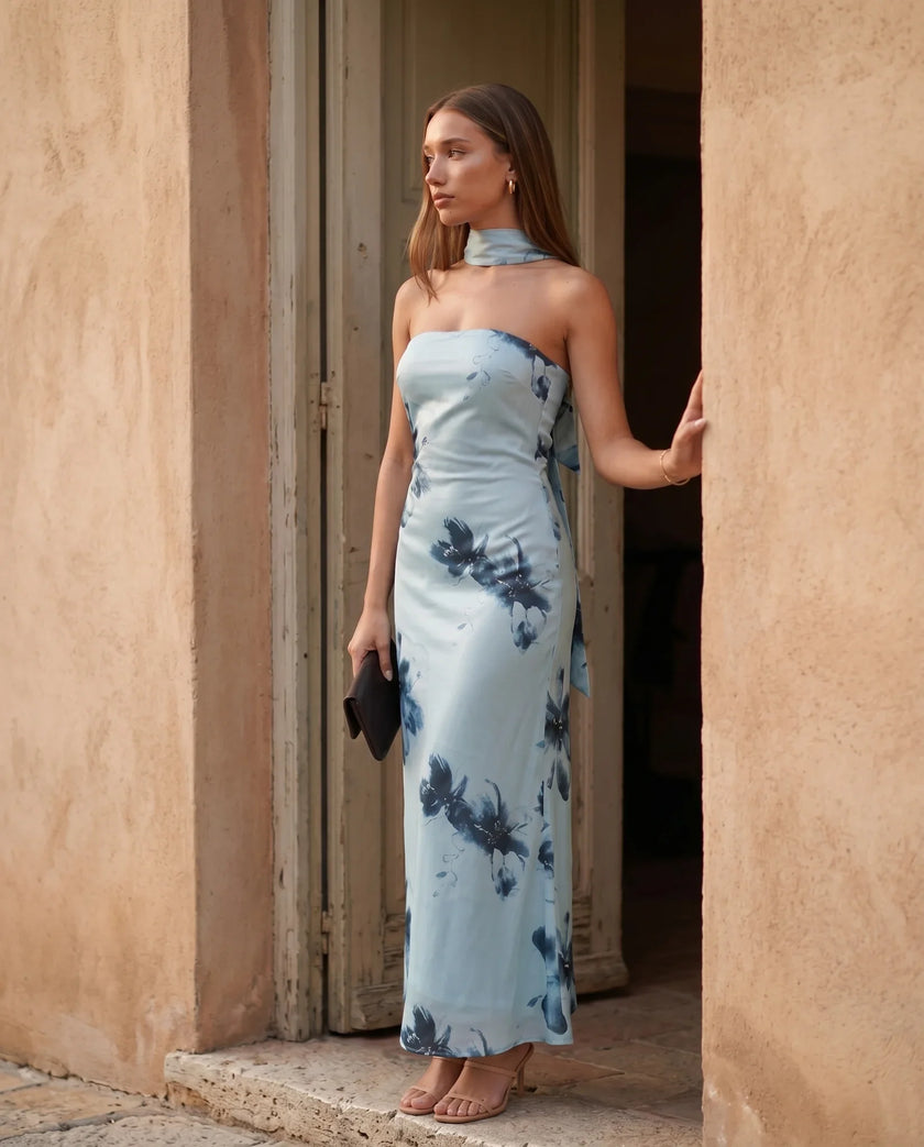 Satin Maxi Dress Women, Cocktail Strapless Open Back with Scarf Tie