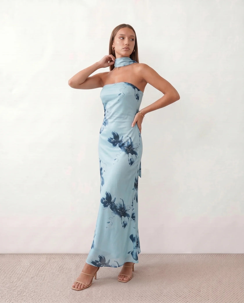 Satin Maxi Dress Women, Cocktail Strapless Open Back with Scarf Tie
