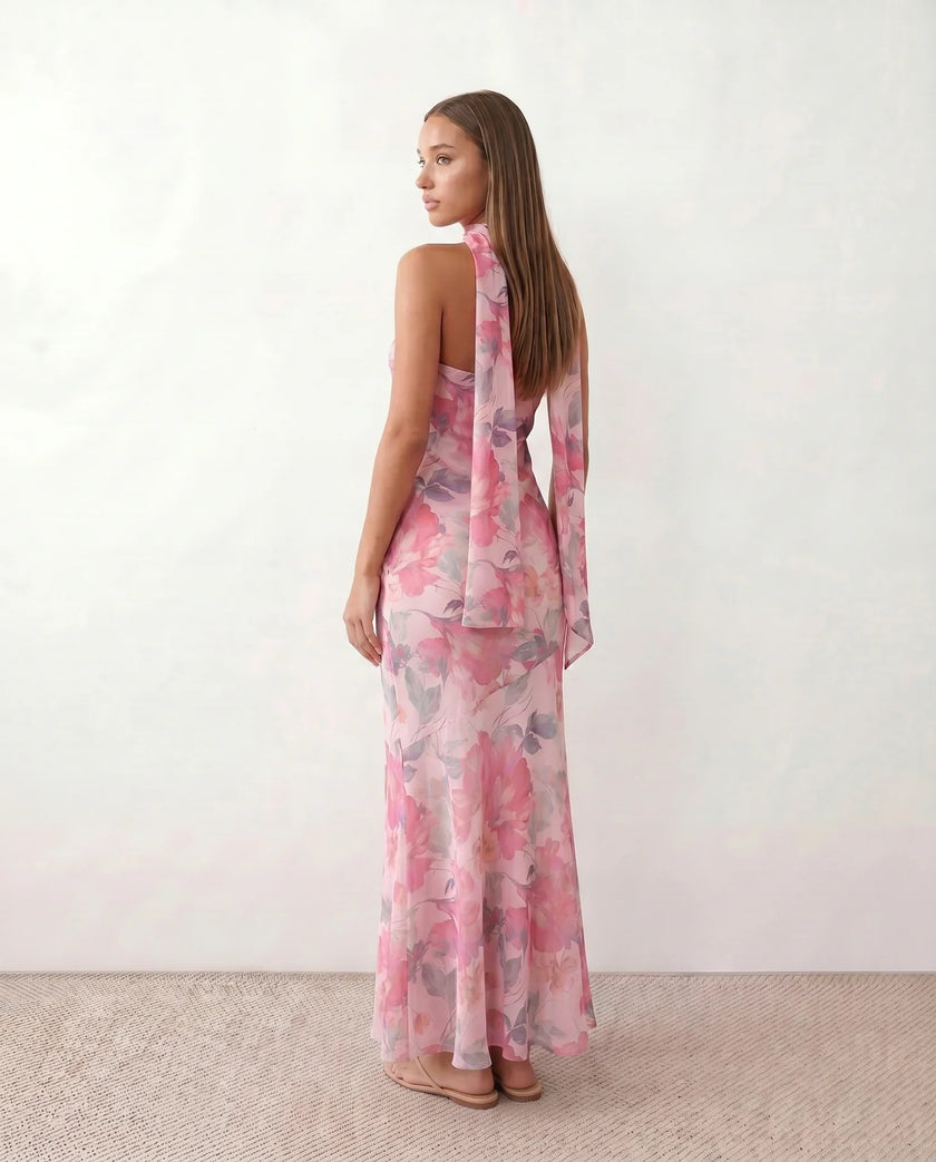 Satin Maxi Dress Women, Cocktail Strapless Open Back with Scarf Tie