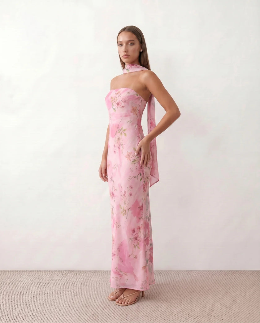 Satin Maxi Dress Women, Cocktail Strapless Open Back with Scarf Tie