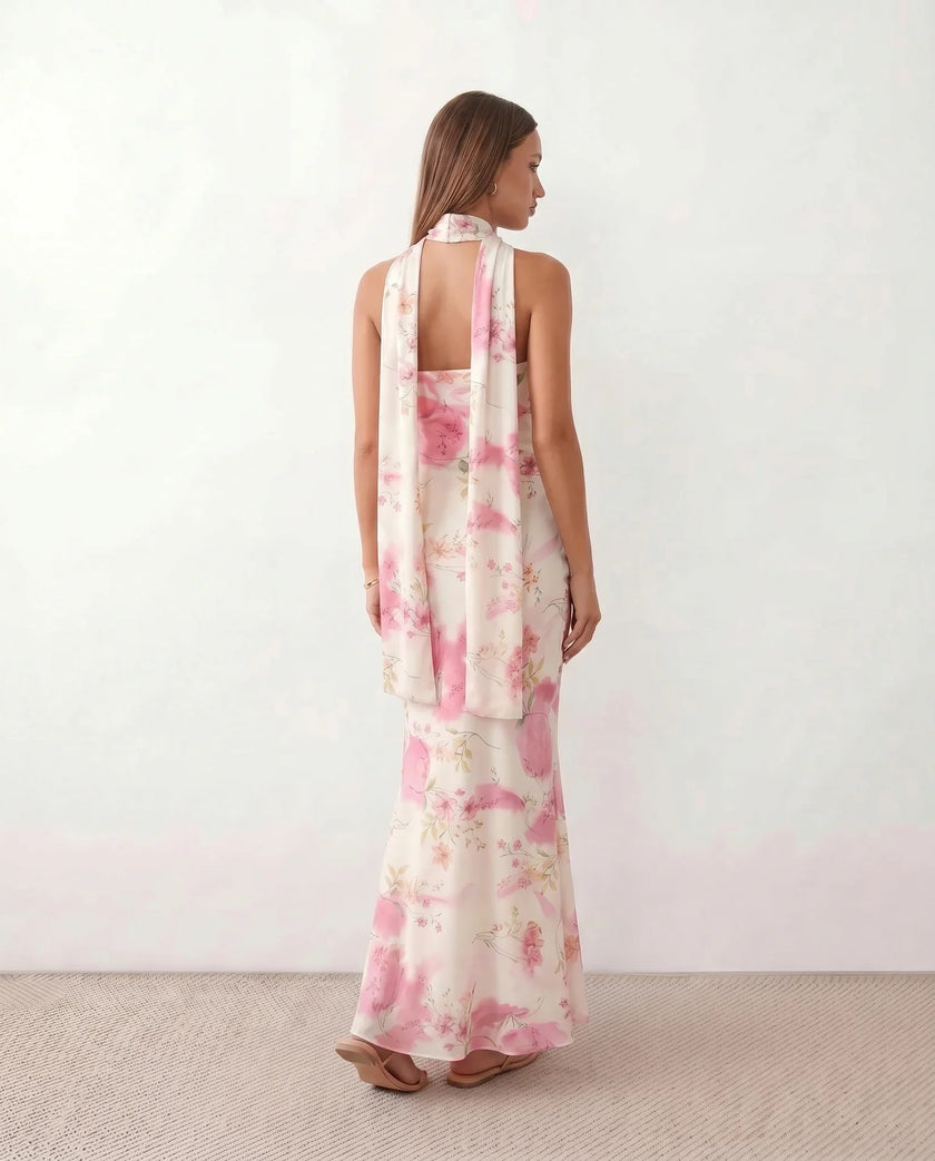 Satin Maxi Dress Women, Cocktail Strapless Open Back with Scarf Tie