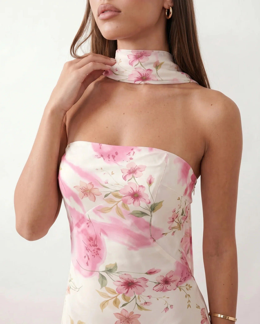 Satin Maxi Dress Women, Cocktail Strapless Open Back with Scarf Tie