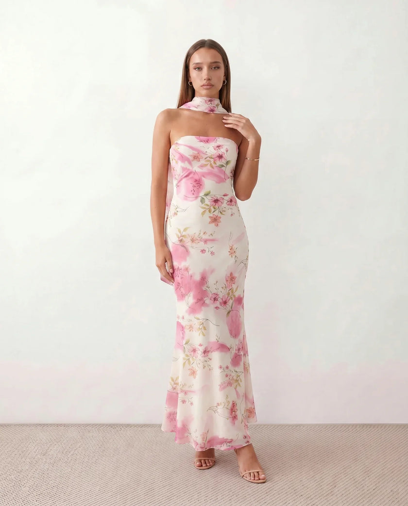 Satin Maxi Dress Women, Cocktail Strapless Open Back with Scarf Tie