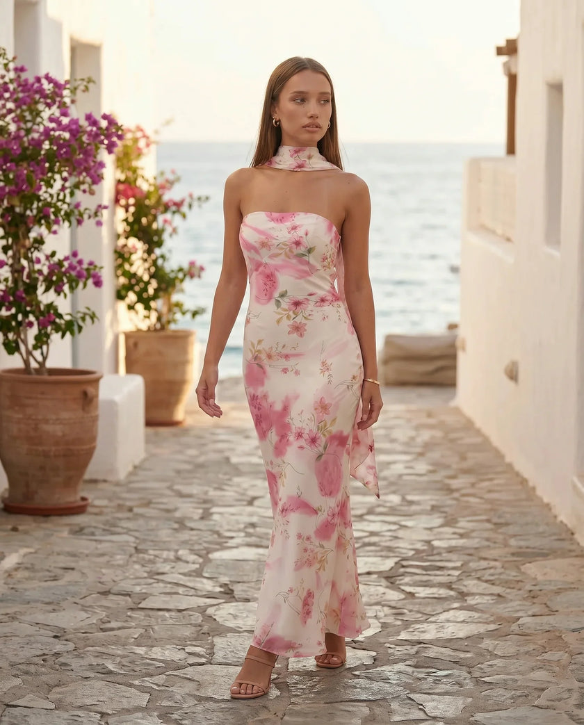 Satin Maxi Dress Women, Cocktail Strapless Open Back with Scarf Tie