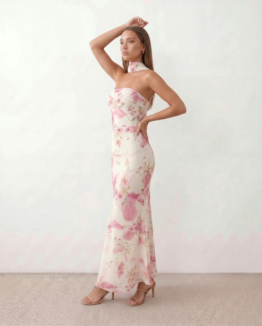 Satin Maxi Dress Women, Cocktail Strapless Open Back with Scarf Tie