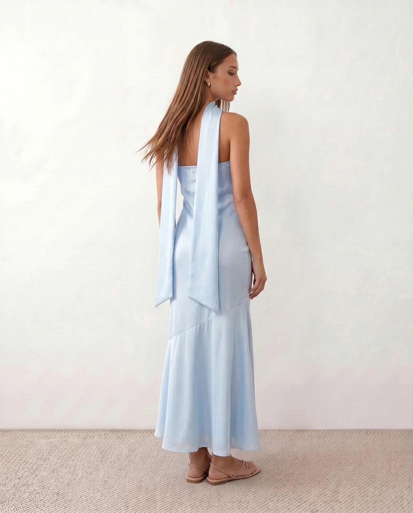 Satin Maxi Dress Women, Cocktail Strapless Open Back with Scarf Tie