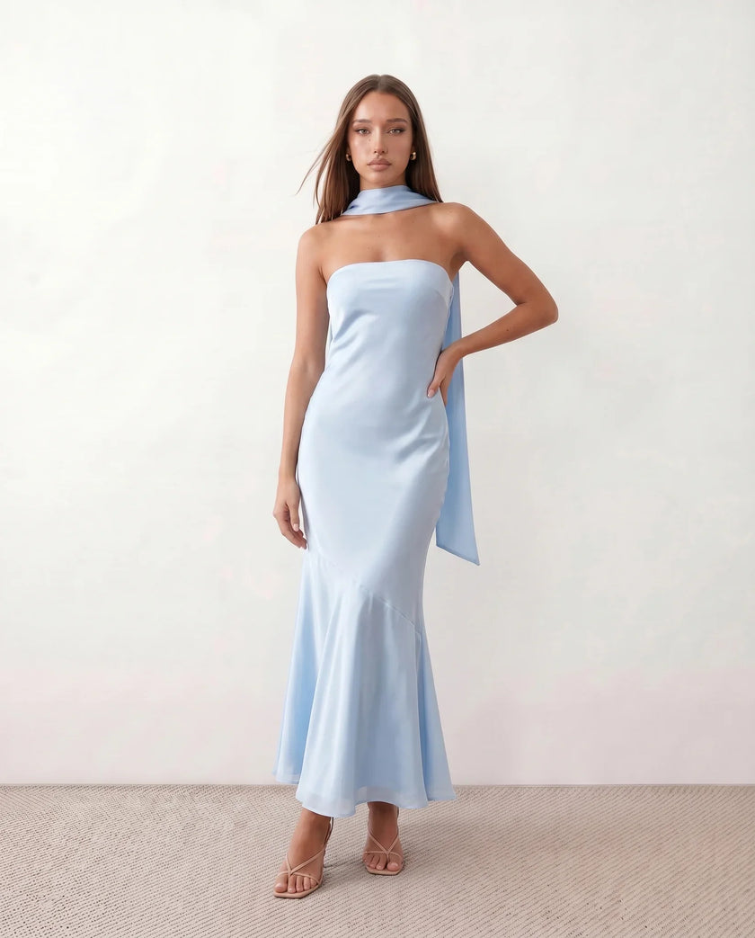 Satin Maxi Dress Women, Cocktail Strapless Open Back with Scarf Tie