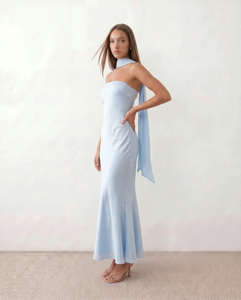 Satin Maxi Dress Women, Cocktail Strapless Open Back with Scarf Tie