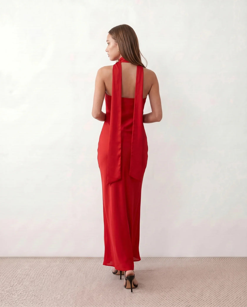 Satin Maxi Dress Women, Cocktail Strapless Open Back with Scarf Tie
