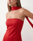 Satin Maxi Dress Women, Cocktail Strapless Open Back with Scarf Tie