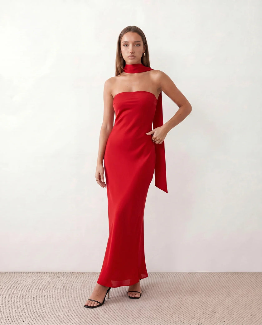 Satin Maxi Dress Women, Cocktail Strapless Open Back with Scarf Tie