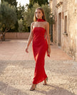 Satin Maxi Dress Women, Cocktail Strapless Open Back with Scarf Tie