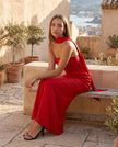 Satin Maxi Dress Women, Cocktail Strapless Open Back with Scarf Tie