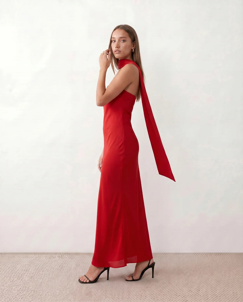 Satin Maxi Dress Women, Cocktail Strapless Open Back with Scarf Tie