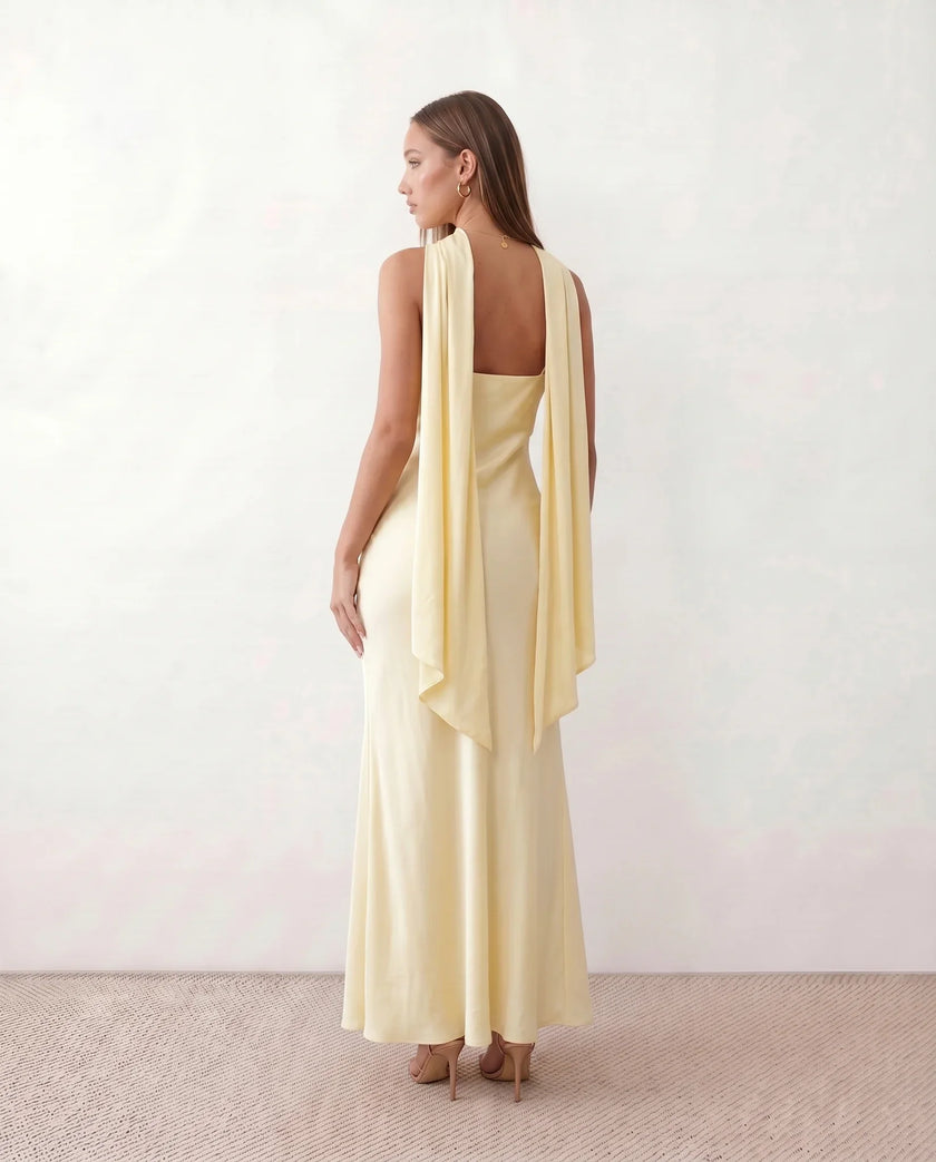 Satin Maxi Dress Women, Cocktail Strapless Open Back with Scarf Tie