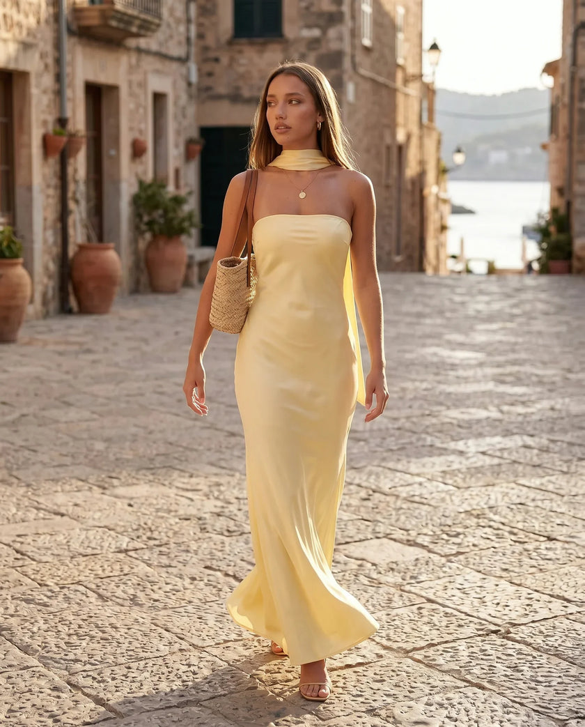 Satin Maxi Dress Women, Cocktail Strapless Open Back with Scarf Tie
