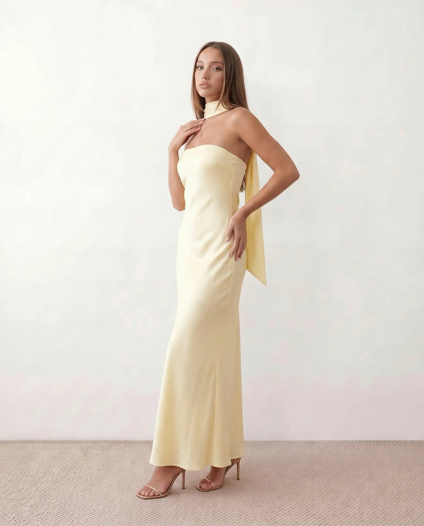 Satin Maxi Dress Women, Cocktail Strapless Open Back with Scarf Tie