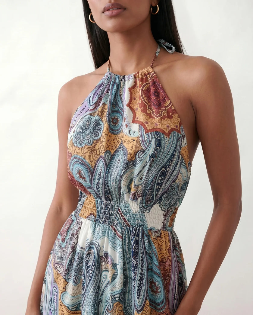 Maxi Dress Women Halter Paisley Print Backless A-Line