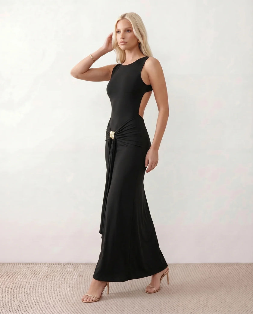 Fitted Maxi Dress Women Cocktail Open Back Ruched Sleeveless