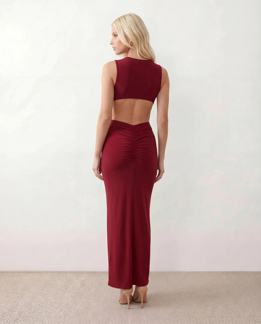 Fitted Maxi Dress Women Cocktail Open Back Ruched Sleeveless
