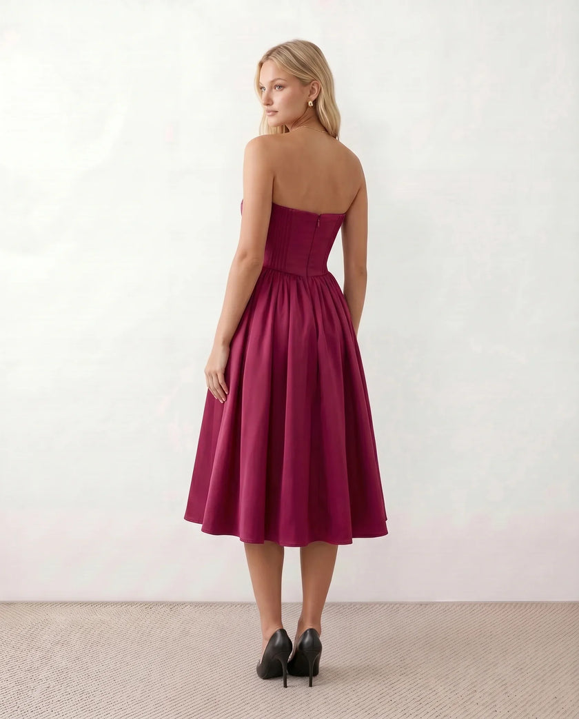 Strapless Midi Dress Women Sweetheart Corset Pleated Cocktail