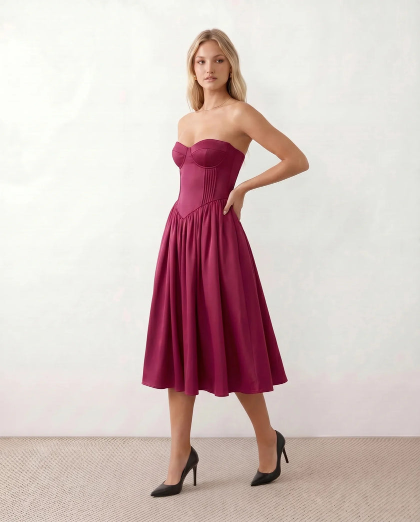 Strapless Midi Dress Women Sweetheart Corset Pleated Cocktail