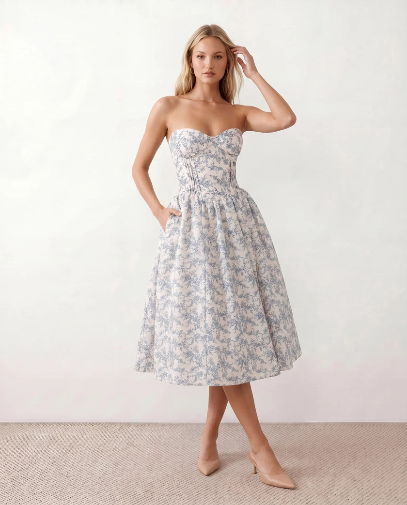 Strapless Midi Dress Women Sweetheart Corset Pleated Cocktail