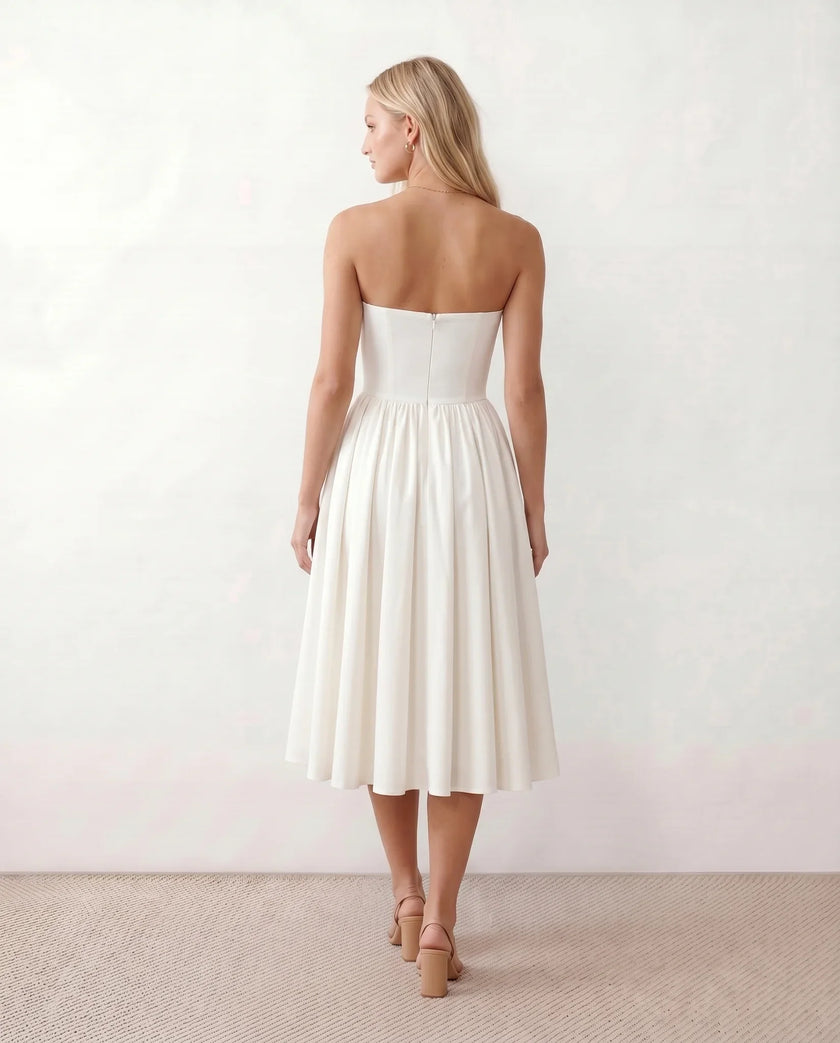 Strapless Midi Dress Women Sweetheart Corset Pleated Cocktail