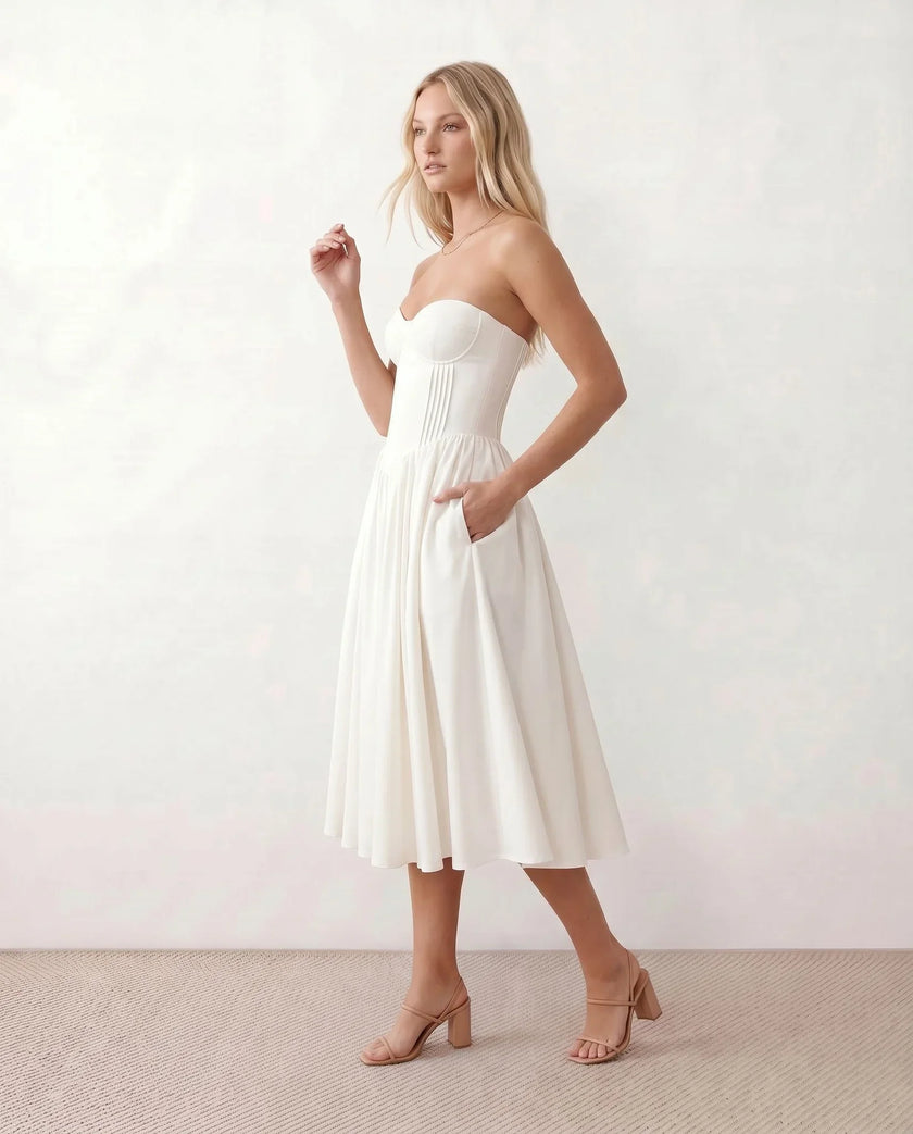 Strapless Midi Dress Women Sweetheart Corset Pleated Cocktail