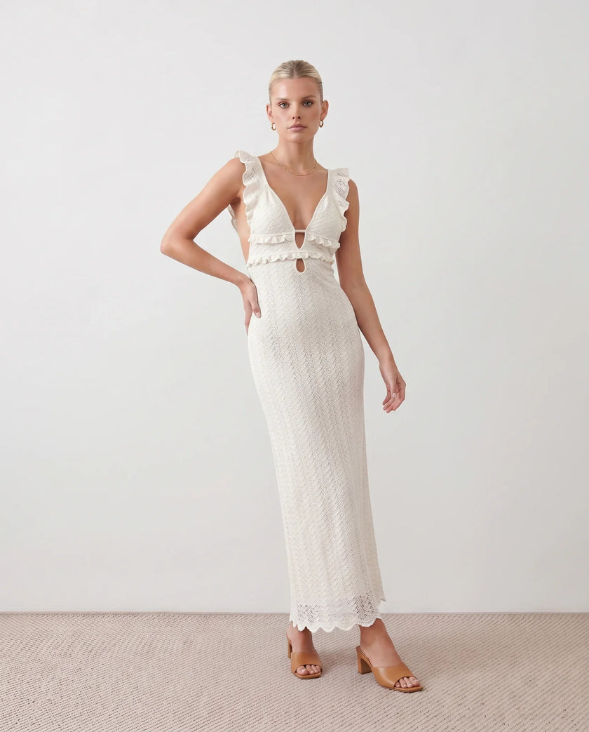 Crochet Maxi Dress Women Cocktail Open Back Mermaid V-Neck