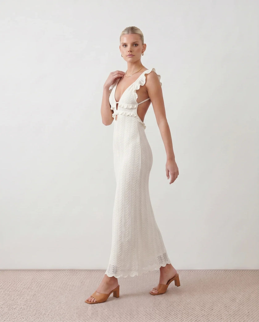 Crochet Maxi Dress Women Cocktail Open Back Mermaid V-Neck