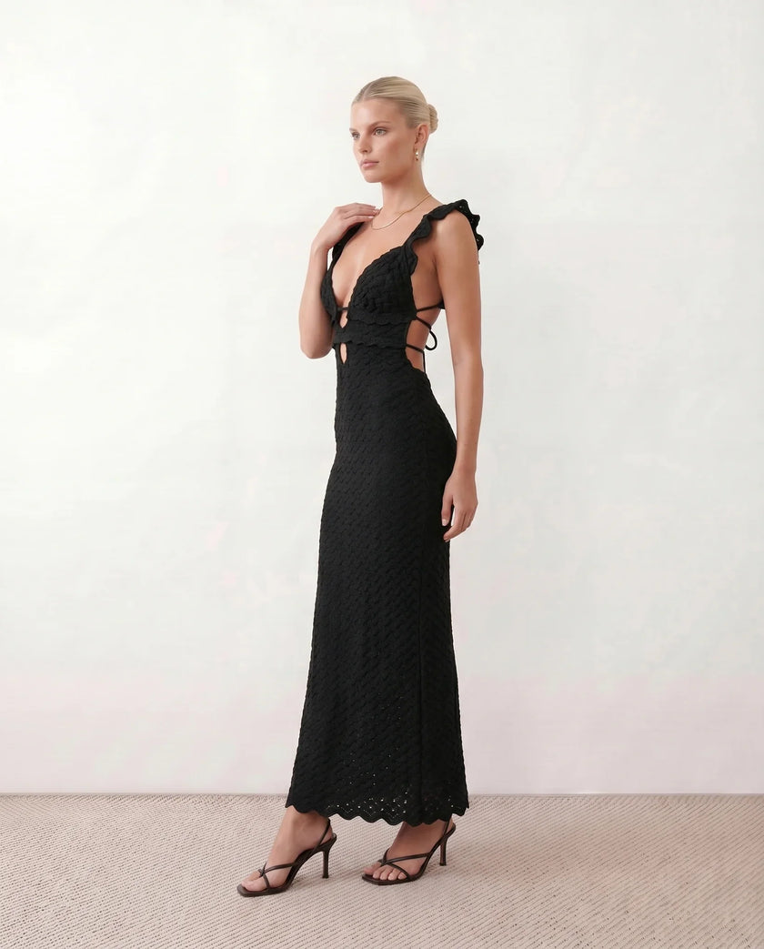 Crochet Maxi Dress Women Cocktail Open Back Mermaid V-Neck