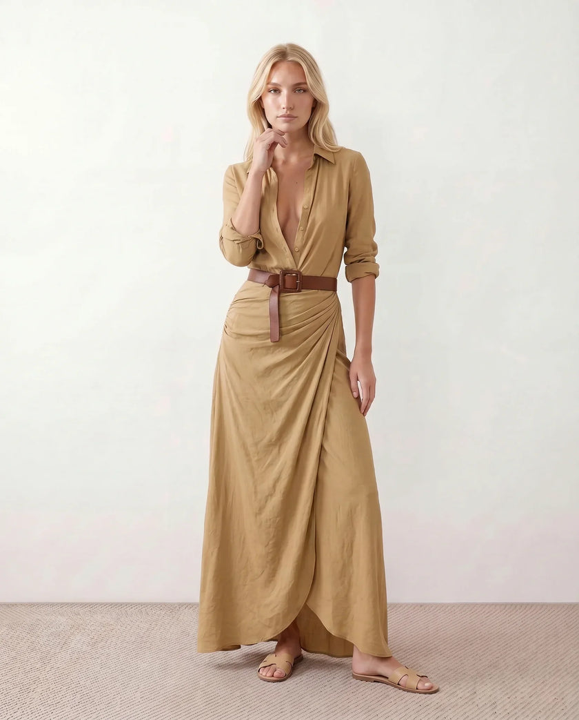 Maxi Dress Women V-Neck Button Front Long Sleeve Belted