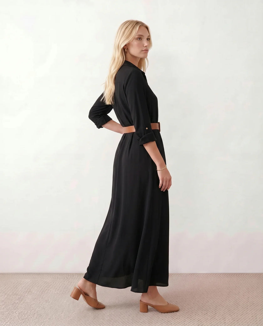 Maxi Dress Women V-Neck Button Front Long Sleeve Belted