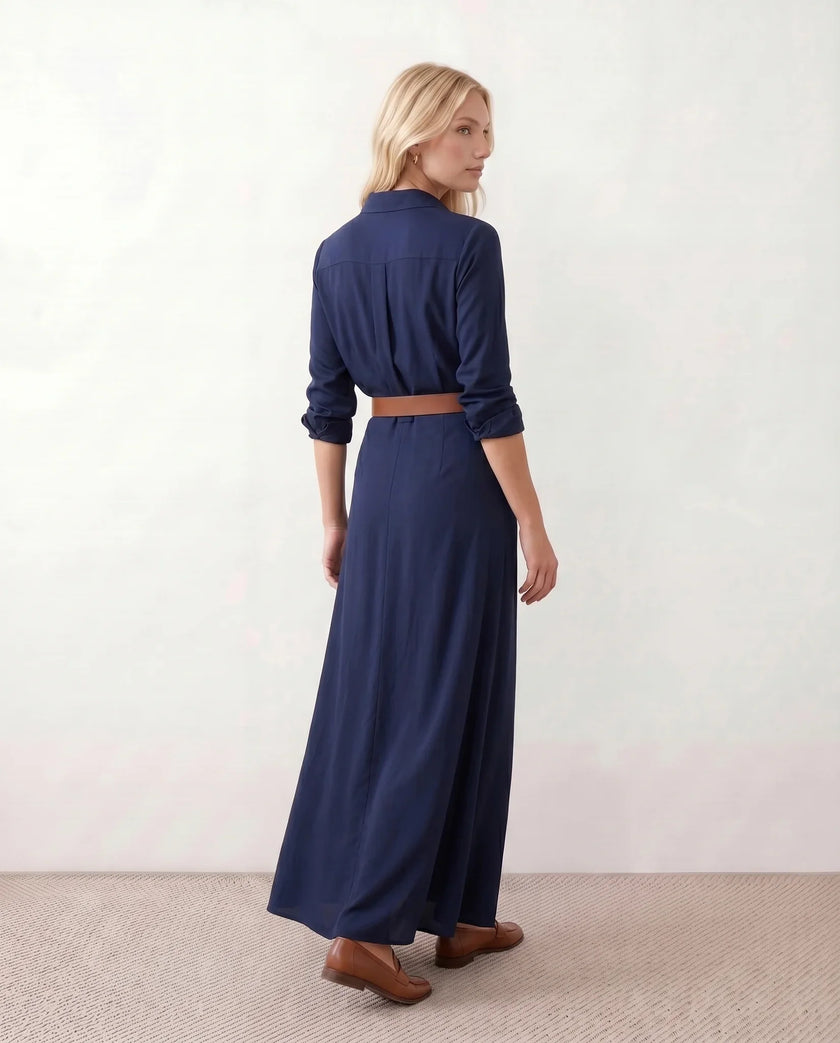 Maxi Dress Women V-Neck Button Front Long Sleeve Belted