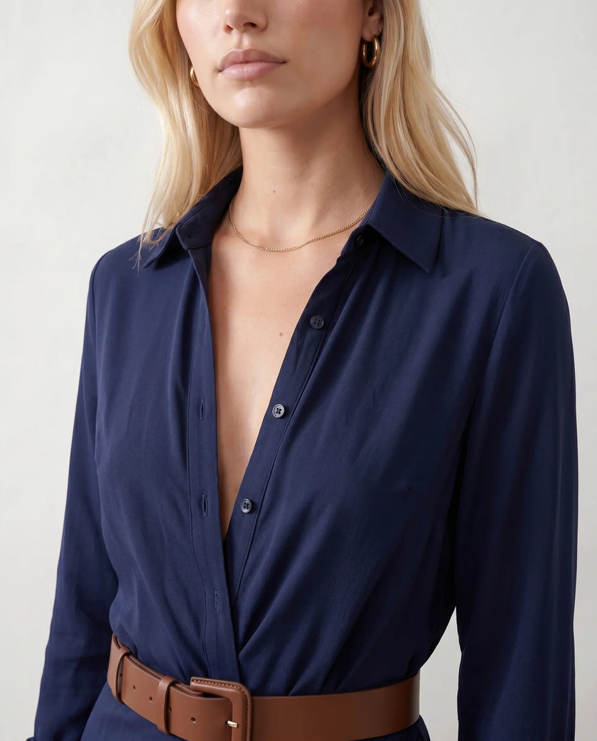Maxi Dress Women V-Neck Button Front Long Sleeve Belted