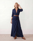 Maxi Dress Women V-Neck Button Front Long Sleeve Belted