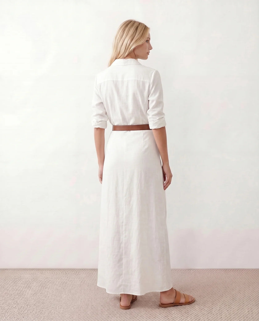 Maxi Dress Women V-Neck Button Front Long Sleeve Belted