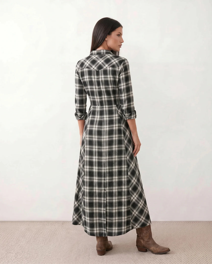Plaid Maxi Dress Women V-Neck Button Front A-Line