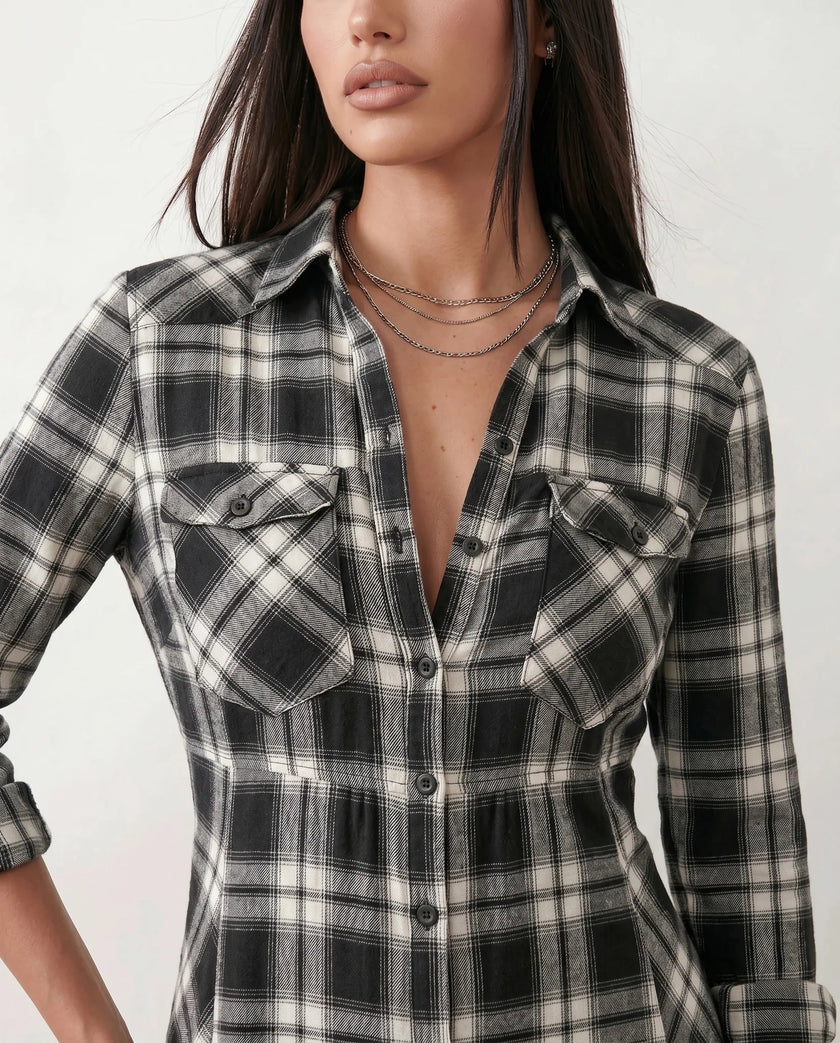 Plaid Maxi Dress Women V-Neck Button Front A-Line
