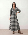 Plaid Maxi Dress Women V-Neck Button Front A-Line