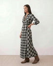 Plaid Maxi Dress Women V-Neck Button Front A-Line