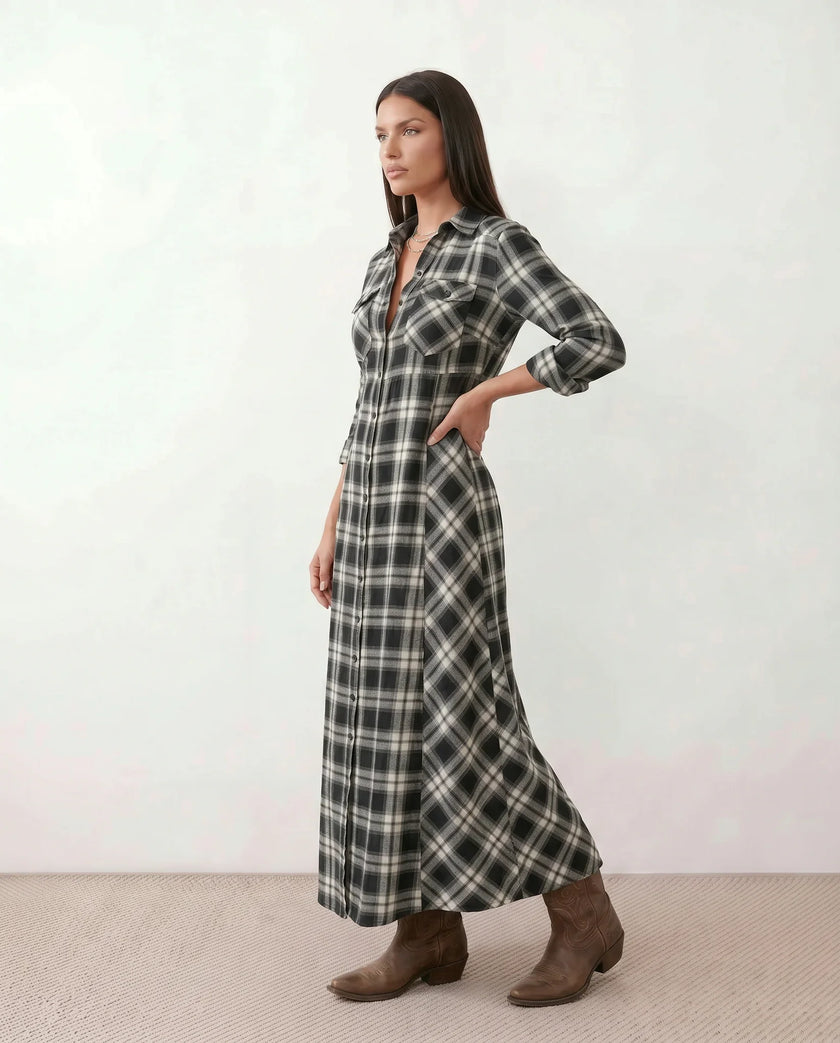 Plaid Maxi Dress Women V-Neck Button Front A-Line