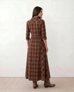 Plaid Maxi Dress Women V-Neck Button Front A-Line