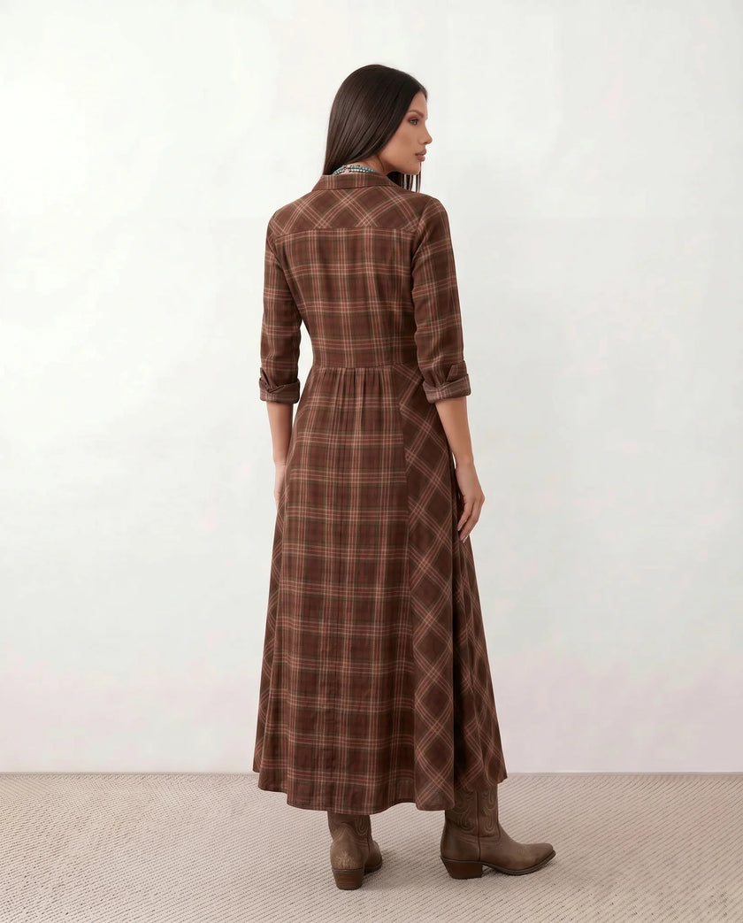 Plaid Maxi Dress Women V-Neck Button Front A-Line