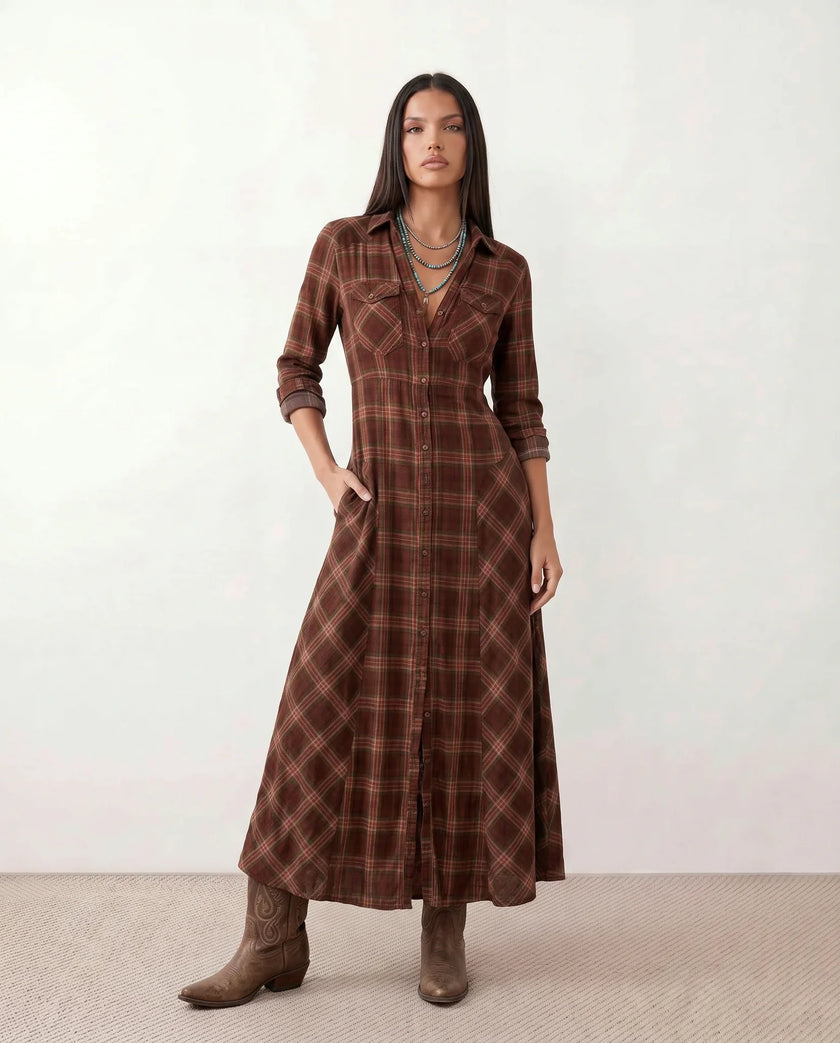 Plaid Maxi Dress Women V-Neck Button Front A-Line