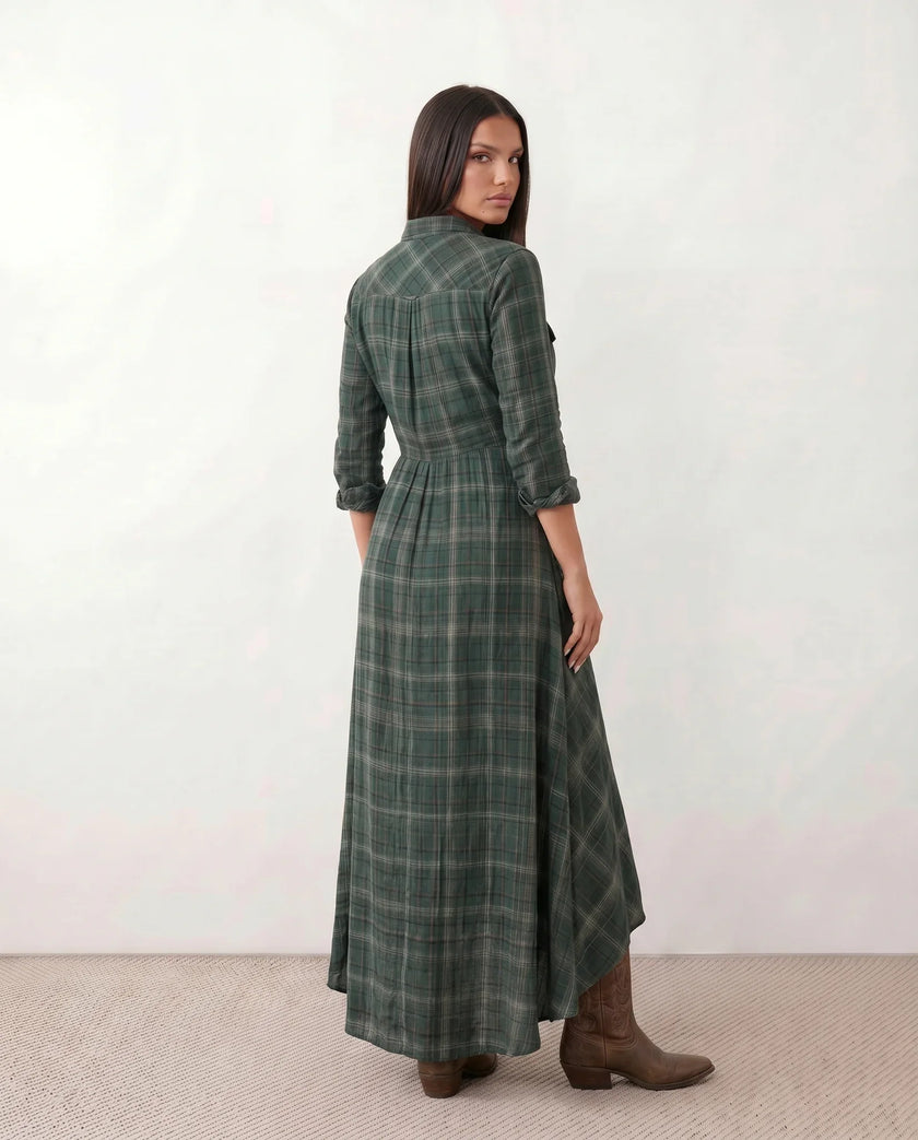 Plaid Maxi Dress Women V-Neck Button Front A-Line