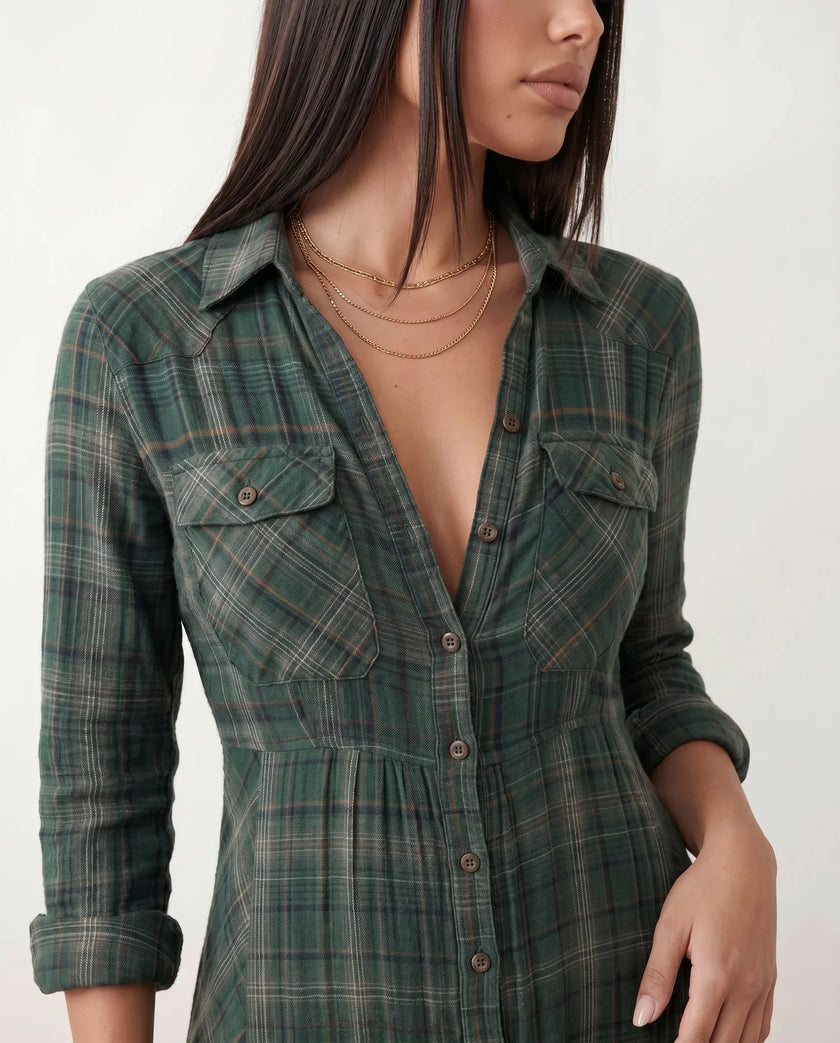 Plaid Maxi Dress Women V-Neck Button Front A-Line