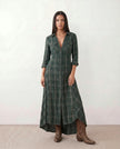 Plaid Maxi Dress Women V-Neck Button Front A-Line